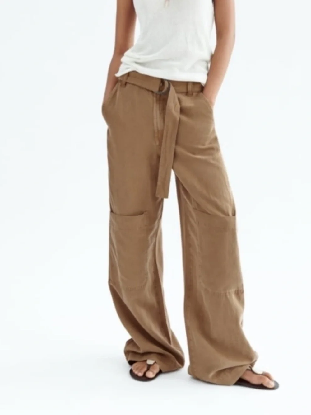 ZARA Fluid Utility Pants S Brown Lyocell Linen Wide Leg Minimalist Quiet Luxury